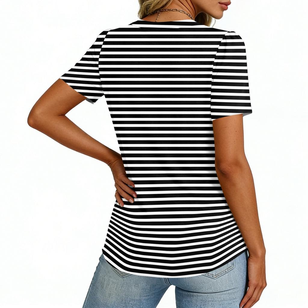 Damen Oberteile Festlich Lässig V-Ausschnitt Kurzarm Hemden Plissierte Blusen Knopfleiste Tunika