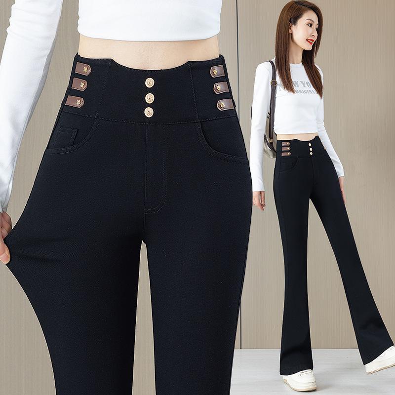 High Waist Velvet-Lined Denim Flare Pants for Women - Slimming, Elastic, and Warm Nine-Point Length