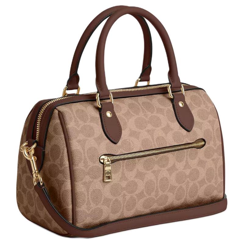 Coach Rowan 25 Aufkleber Aufgedruckter Reißverschluss Beschichtetes Canvas Schulter Crossbody Tote Medium Damen Tan und Braun
