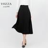 VOZZA Flared Skirt with Elastic Circular Midi Solid Sizes Black Women's Midi-Length Waist, A-Line, Below-the-Knee, High-Waisted, Skirt, Length, Lined,
