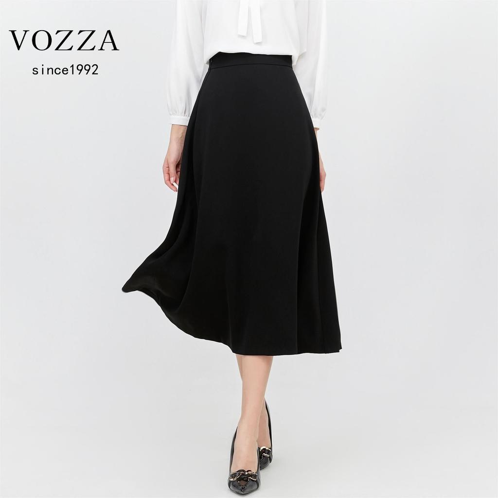 VOZZA Flared Skirt with Elastic Circular Midi Solid Sizes Black Women's Midi-Length Waist, A-Line, Below-the-Knee, High-Waisted, Skirt, Length, Lined,