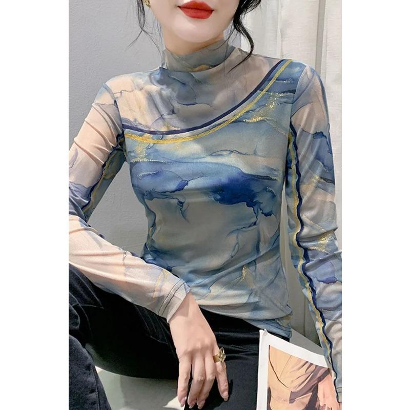 Stacja Jesień Zima Wysoki Kołnierz Rozmazany Nadruk Dopasowany Długi Rękaw Siateczkowa Koszulka Bazowa Damska Modna Koszulka Top