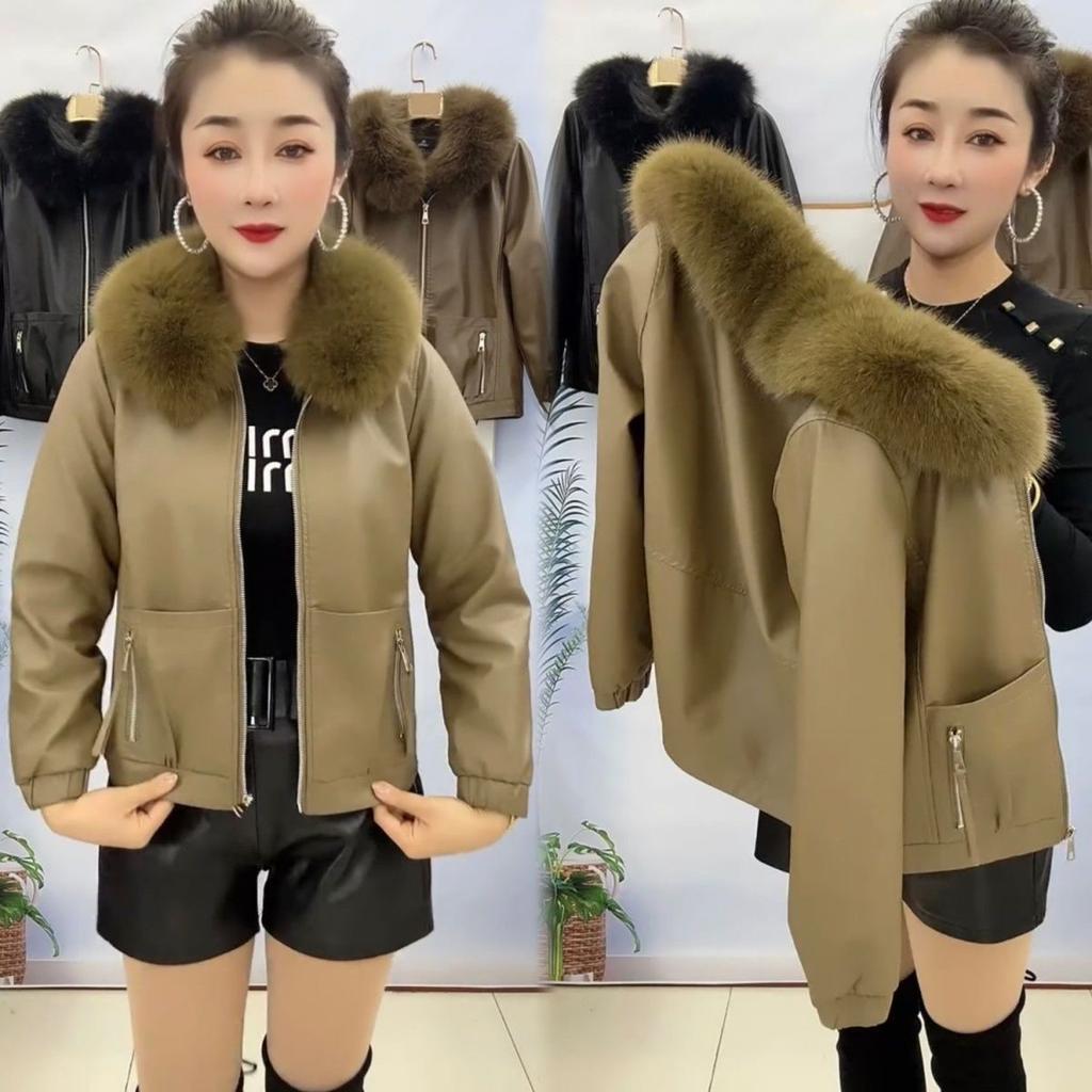 Large Fur Collar Plus Fleece Thick Leather Coat Women Autumn and Winter New Fashion All Match Warm Coat Women Leather Jackets