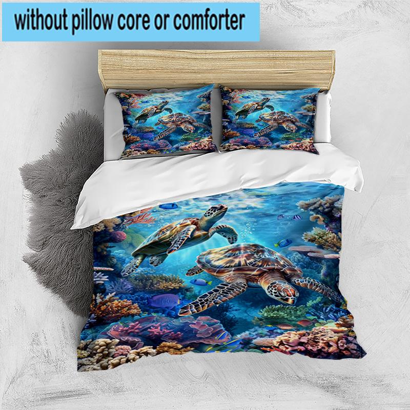 Cartoon Sea Turtle Artwork 3pcs Bedding,Including 1pc Duvet Cover And 2pcs Pillowcases Perfect for Christmas,Ideal for Bedroom, Dormitory