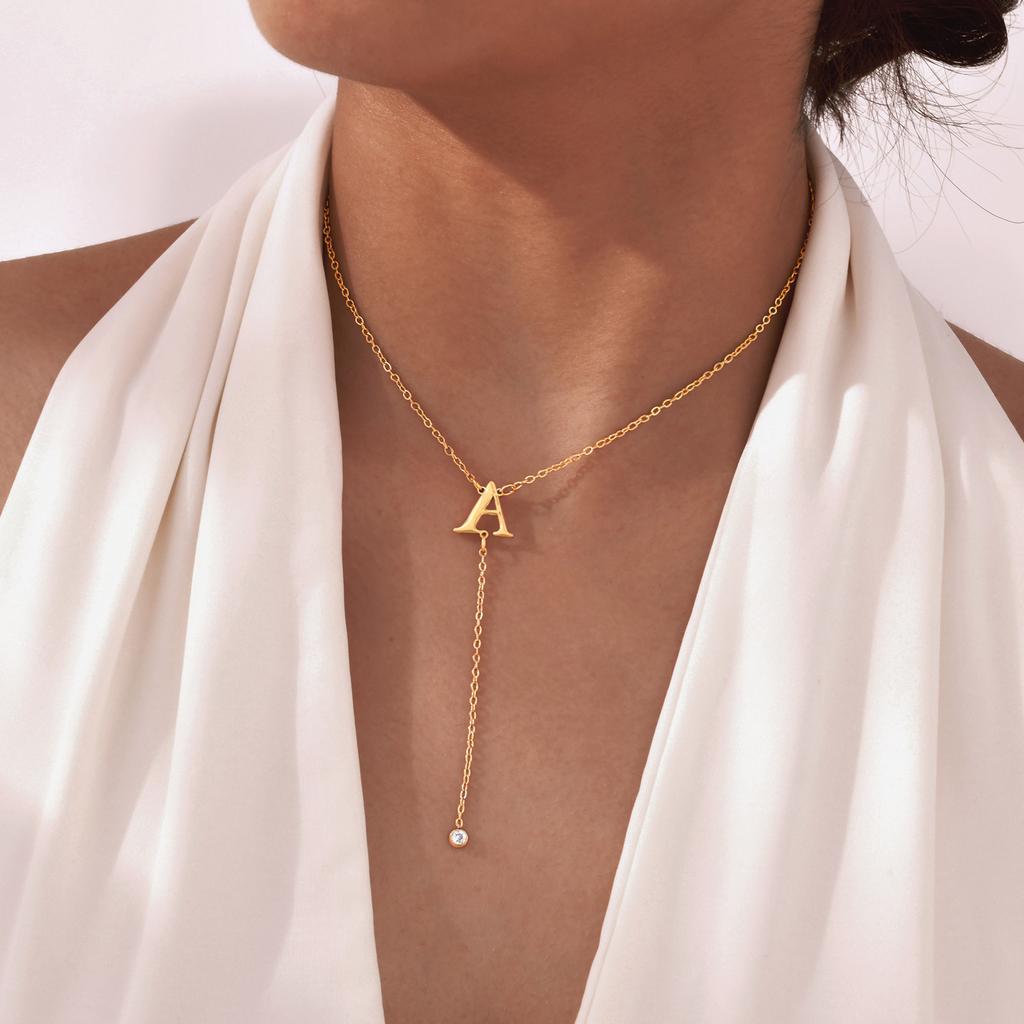 Lariat Initial Necklaces Women, Stainless Steel Long Chain, A- Z Letter With Zirconia Pendant Drop Neckalce, Y-shaped Jewelry