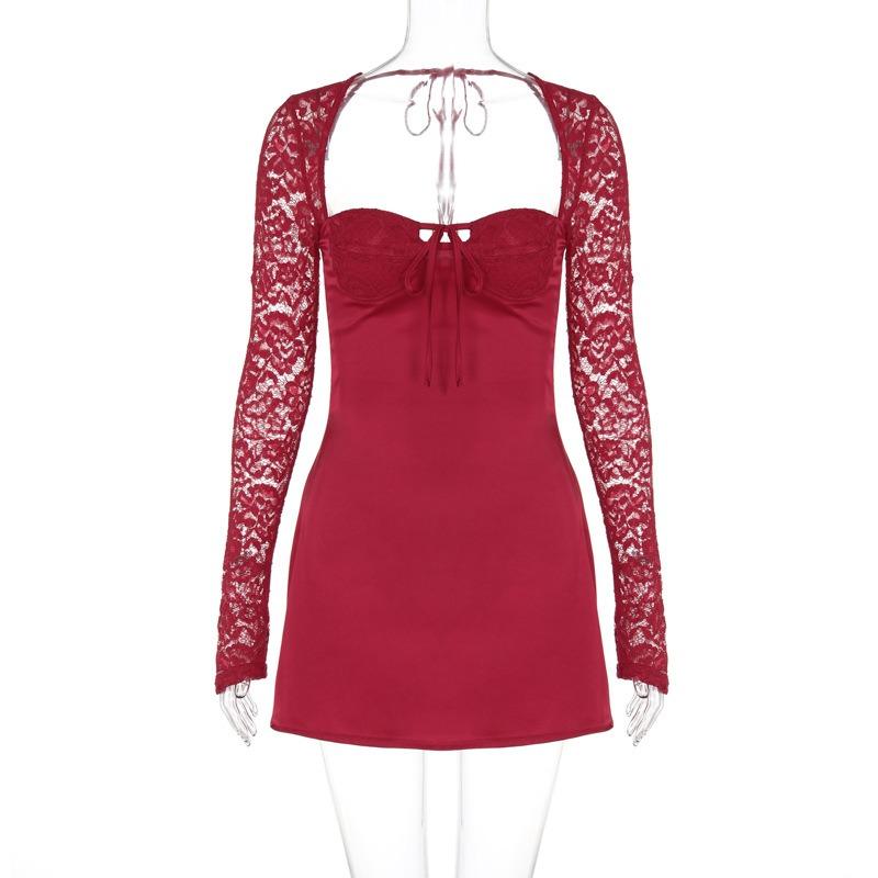 Spitze Langarm Sexy Rückenfreies Kleid Frühling Damen Slim-fit Brust Tasche Gesäß Kleid