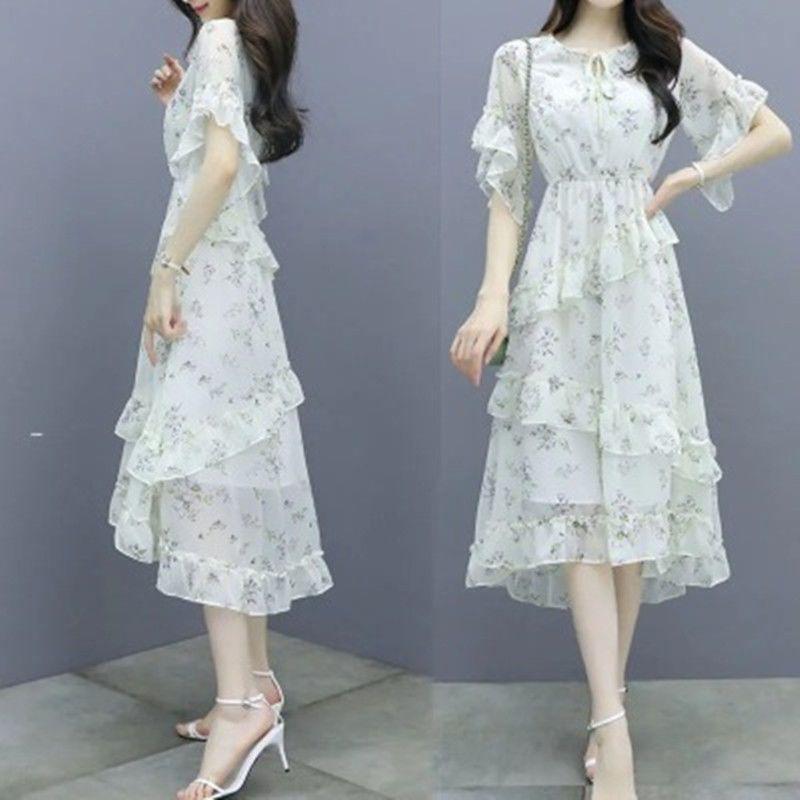 Elegantes florales Chiffonkleid Sommer Slim Taille Stufenrock Frischer Stil Mode