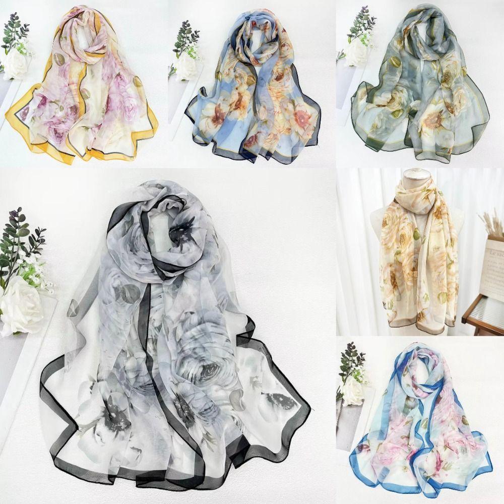 Thin Soft Long Chiffon Scarf Flower Print Beach Scarves Sun Protection Scarf for Casual Wear