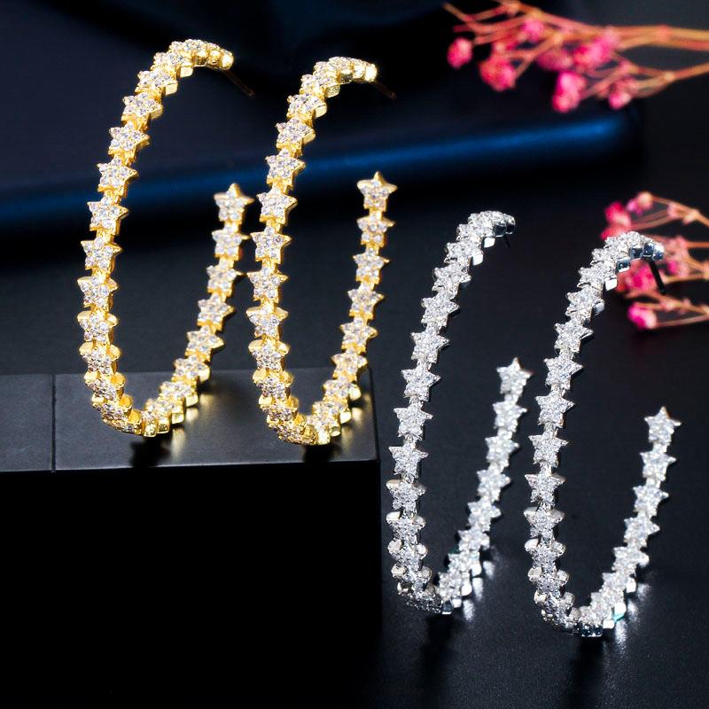 WWJ Golden Color Jewelry Big Circle Lucky Star Cut Zircon Hoop Earrings