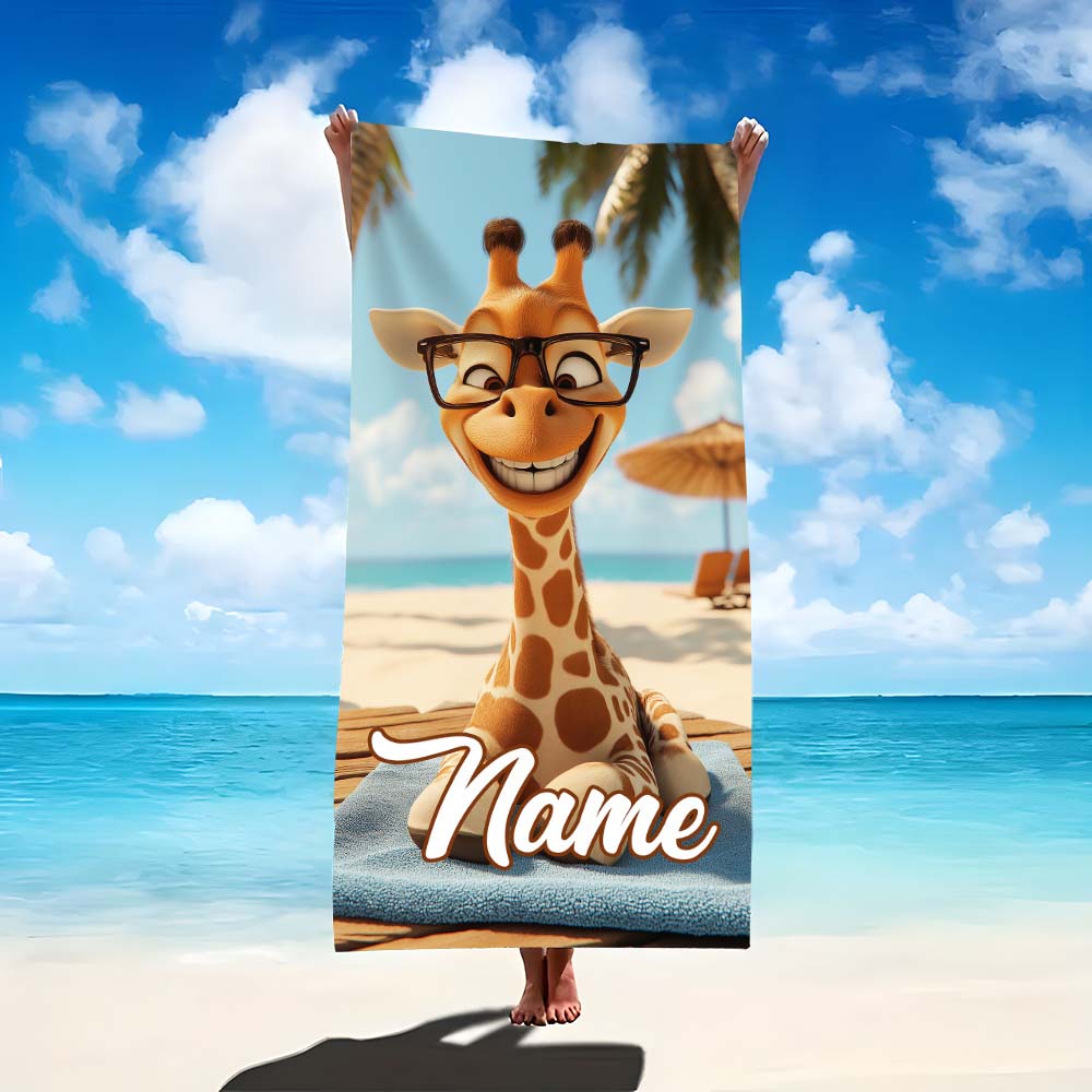 1 pz Asciugamano da Spiaggia Divertente Personalizzato con Giraffa Cartone Animato, Asciugatura Rapida Senza Sabbia con Nome Personalizzato per Vacanze Estive