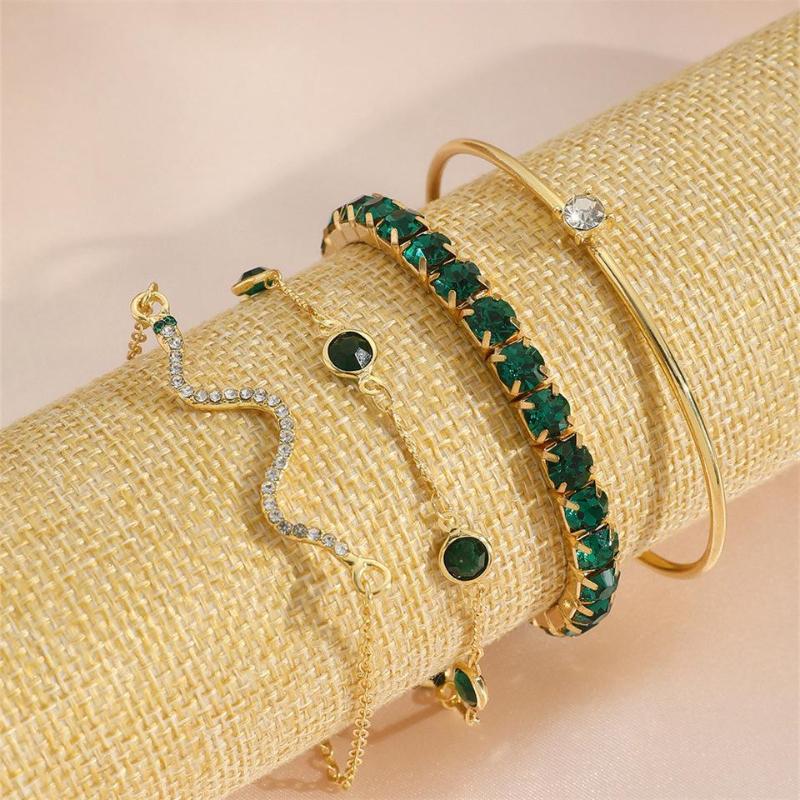 4Pcs Fashion Green Gemstone Bangle Rhinestone Metal Bracelet for Women Birthday Party Christmas Gift