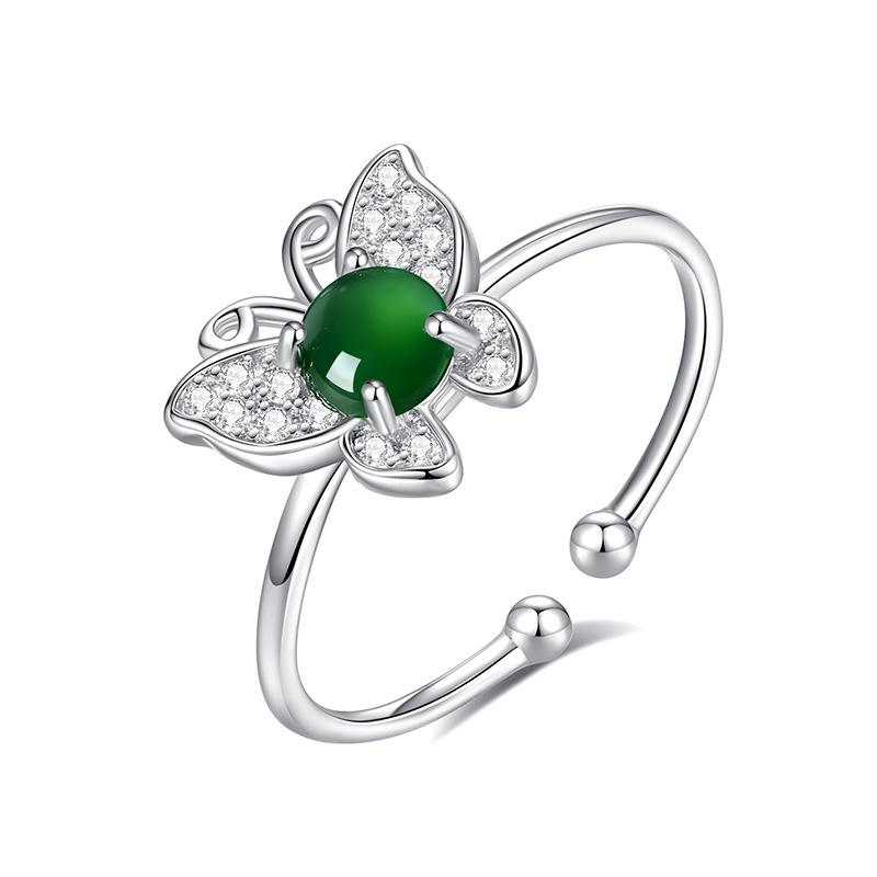 Natural jadeite s925 sterling silver butterfly ring silver inlaid egg surface versatile fashion adjustable ring accessories women's daily jewelry gift