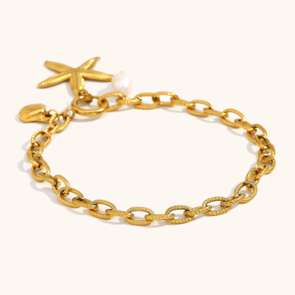 Rz Women's Gold Plated Stainless Steel Charm for Anklet Handmade Starfish Pearl Shell Jewelry Waterproof Non-Fading Accessories