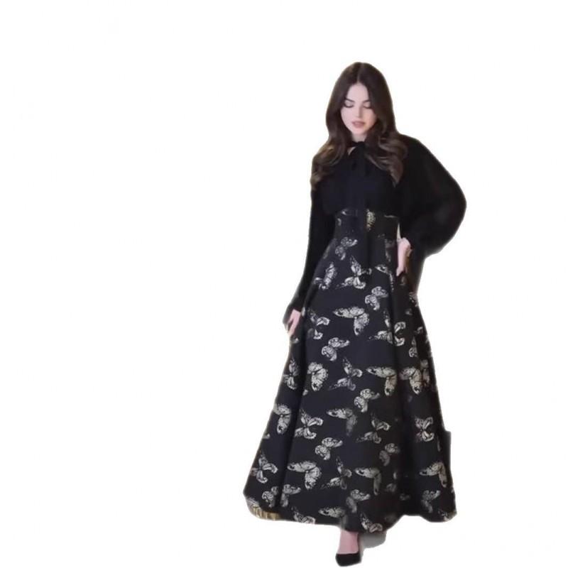 Elegant Long Sleeve Maxi Dress With Gold Foil Print Lantern Sleeves A-Line Skirt Women 2025