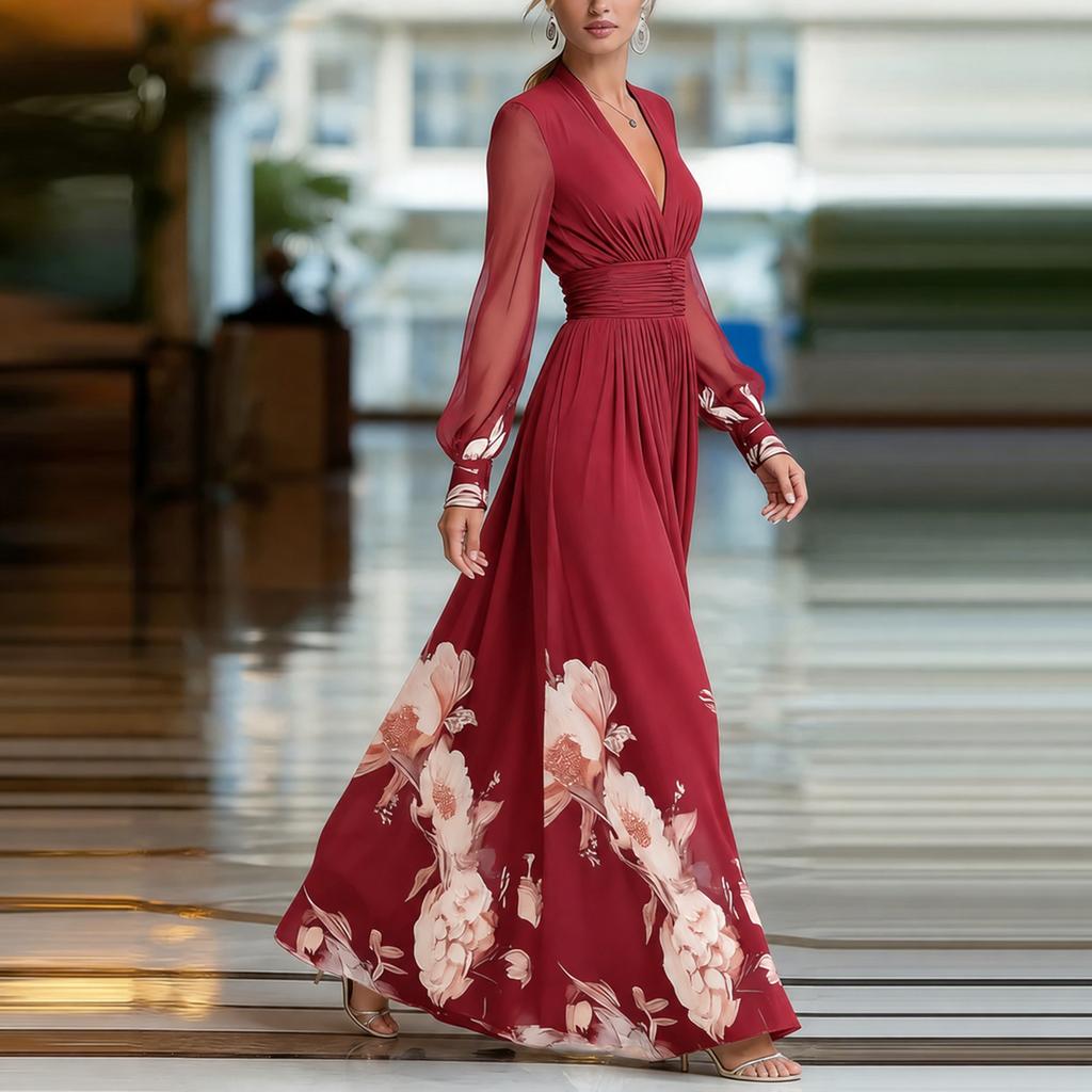 Women's Long Mesh Splicing Slim Fit Dress, Versatile Printed Maxi Dress for Casual Wear