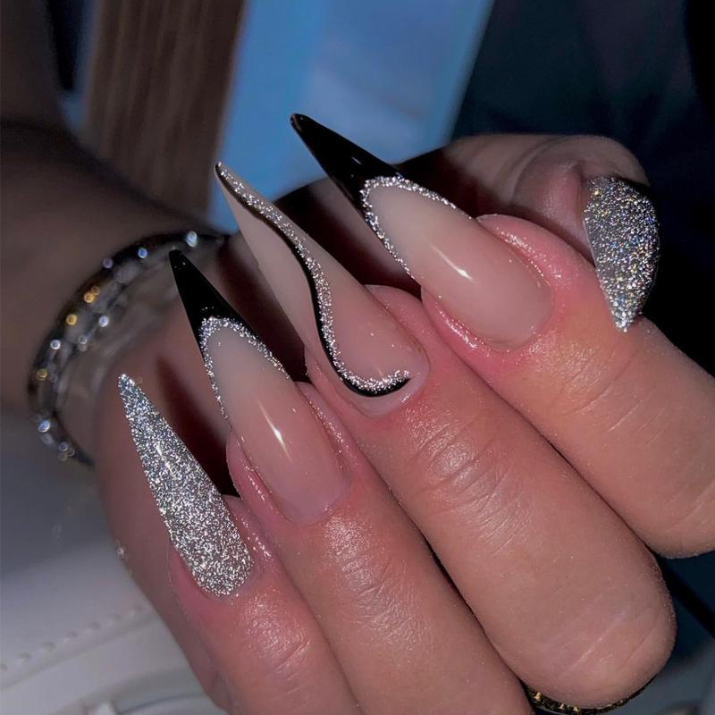 

24 Каплевидных Французских Черных Окантованных Накладных Ногтя - Длинные, Полосатые, Супер Блестящие Патчи для Нейл-Арта Nail Glue Kit