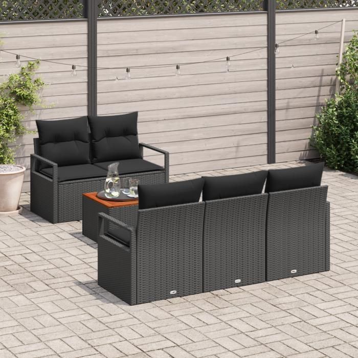 VidaXL Ensemble de Canapés de Jardin de 6 Pièces avec Coussins Noir Poly Rattan Acacia 3347646