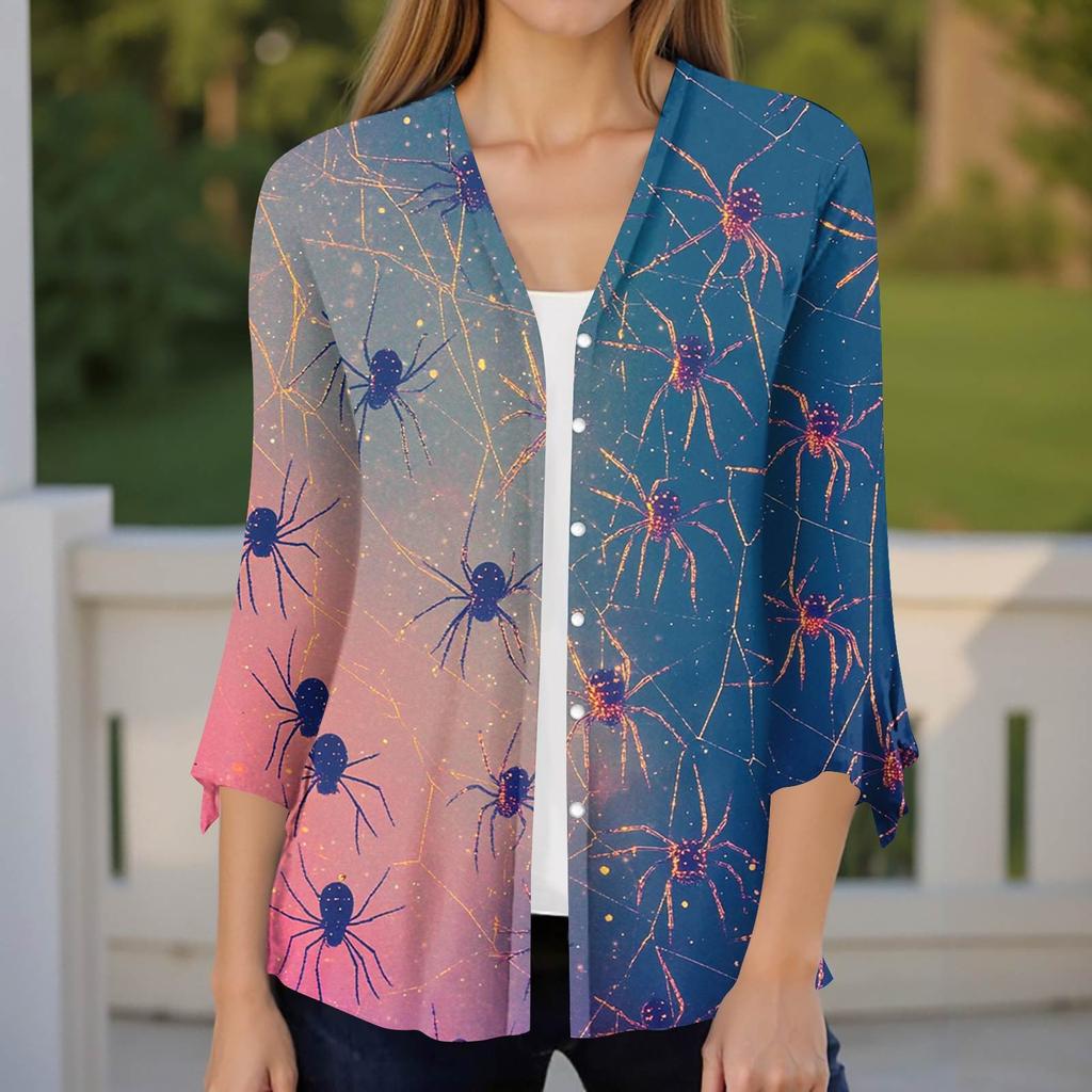 Damen Locker Lässig Bedruckt Siebenärmel Knopfleiste Hemd Strickjacke Top