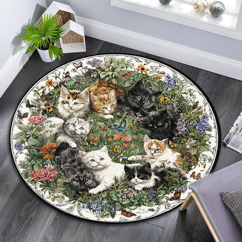 Cats Flowers Round Area Rug,Carpet Rug for Living Room Bedroom Sofa Playroom Decor,Non-slip Floor Mat