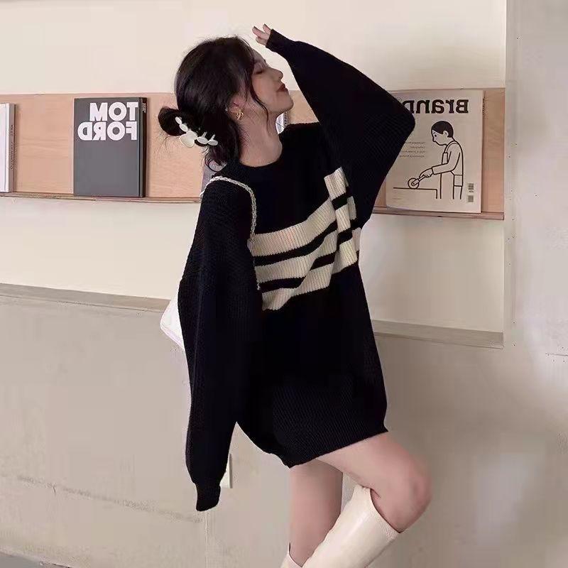 Gothic Sweaters Women Harajuku Punk Knitted Stripes Jumper Vintage Plus Size Loose Long Sleeve Pullover Tops Streetwear