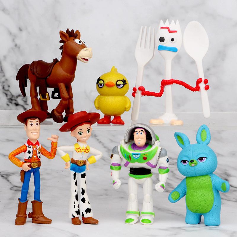 7Pcs Toy Story Movie Characters Action Figures Woody Jessie Buzz Lightyear Bullseye Forky Ducky Rabbit Collectible Gift For Kids