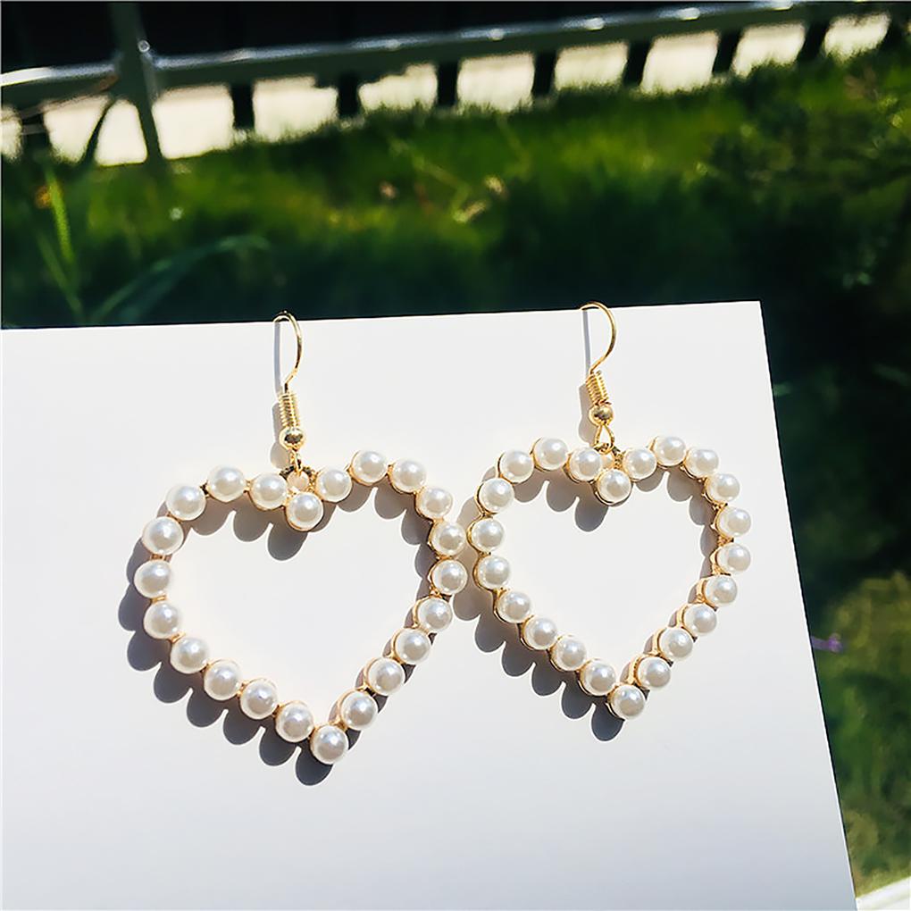 Love Heart Statement Earrings Alloy Faux Pearl Dangle Chain Hook Ear Drop Jewelry Gift for Women