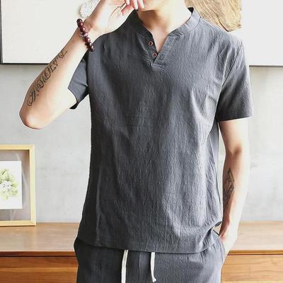 Męski letni T-shirt z lnu i lodowego jedwabiu z dekoltem w serek - z krótkim rękawem, jednolity kolor, styl chiński, casualowy top Hanfu