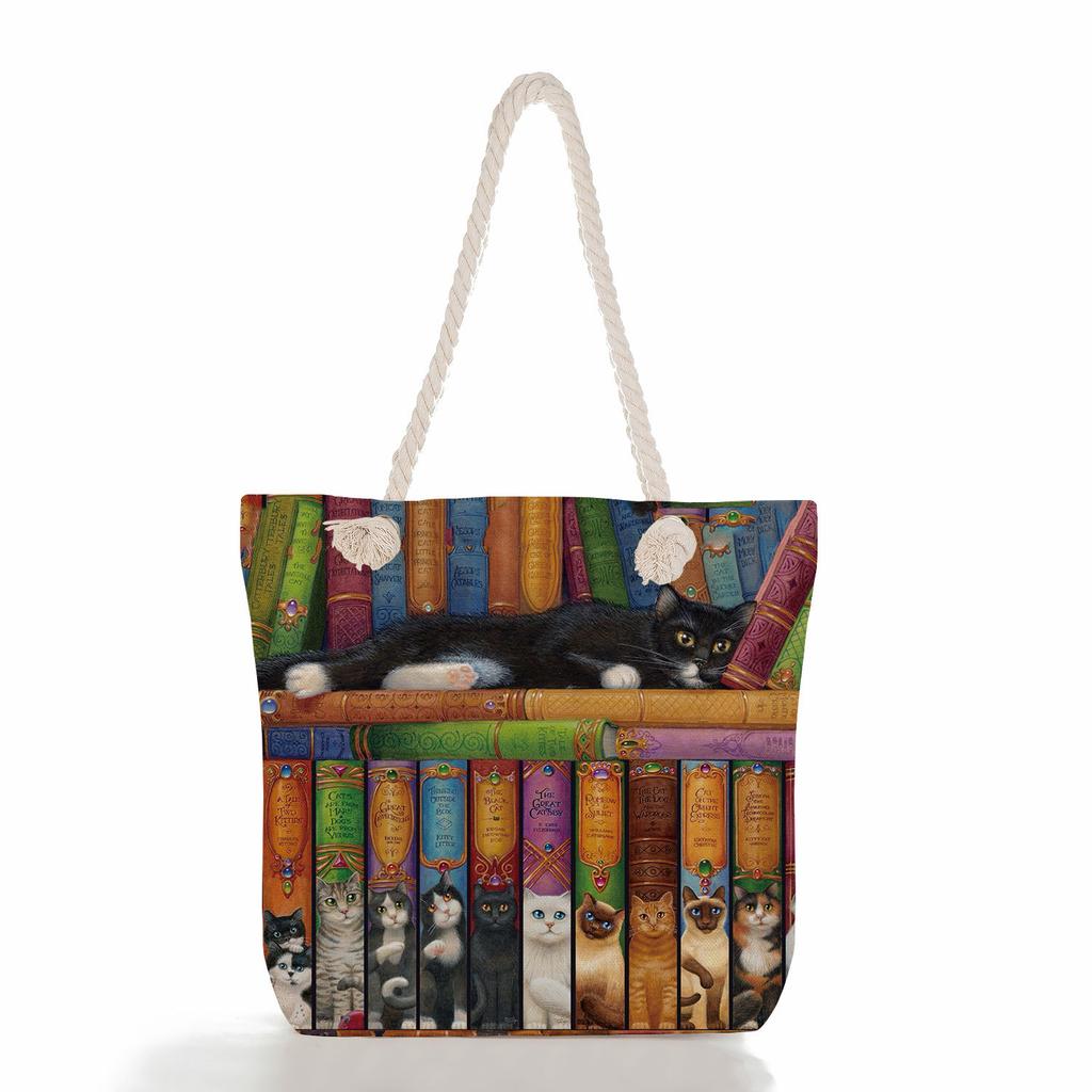 Cute Cat Print Thick Rope Single-shoulder Beach Bag 7211