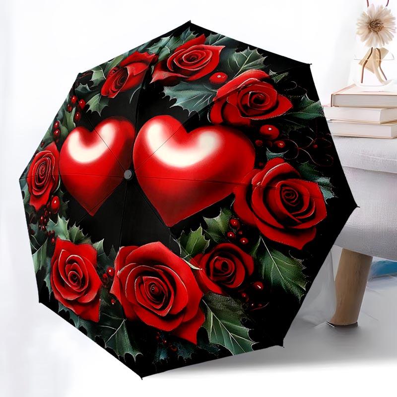 Rose Lover Folding Umbrella Fashion Auto-Open 8 Iron Ribs Plastic Handle Foldable Sunshade Perfect Christmas Gifts