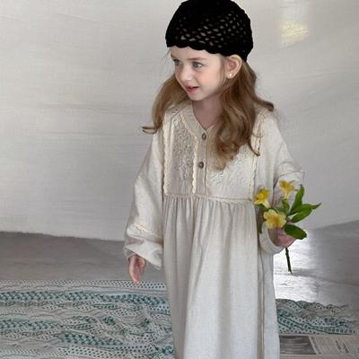Girls' Spring Retro French Lace Long Sleeve Dress