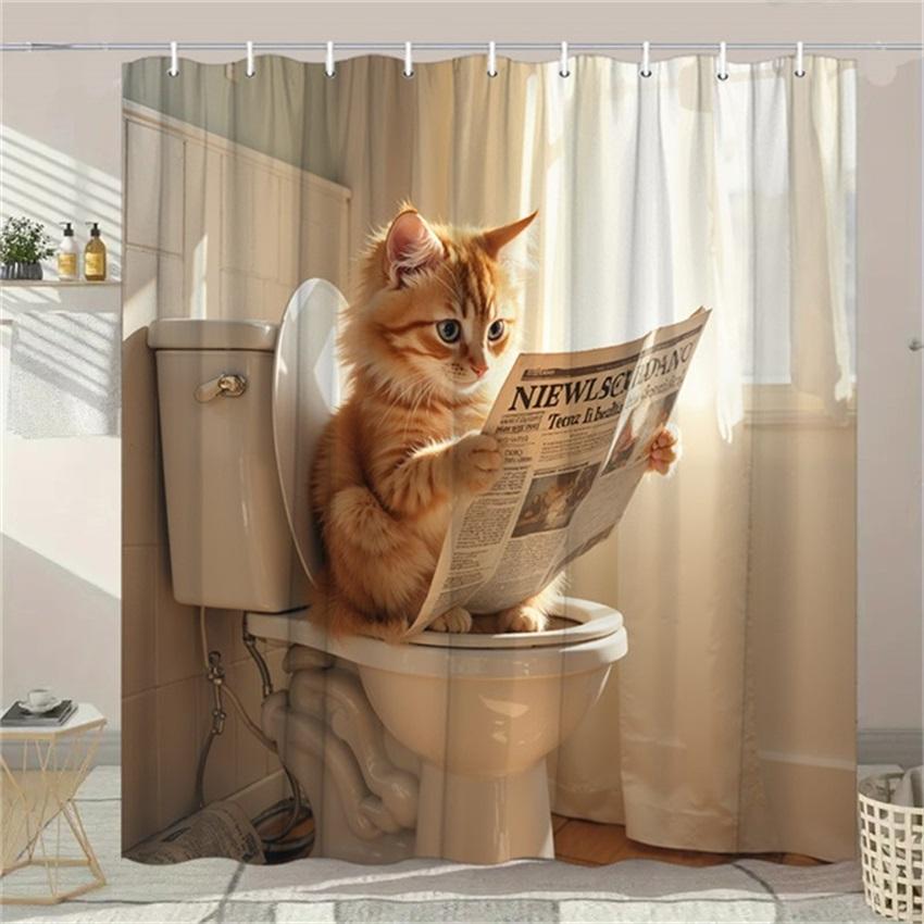 

1Pc Playful Ginger Tabby Cat On Toilet Reading Newspaper Shower Curtain - Cozy Polyester Bathroom Decor Curtains For Bathroom W60H190(CM)-1 Pcs