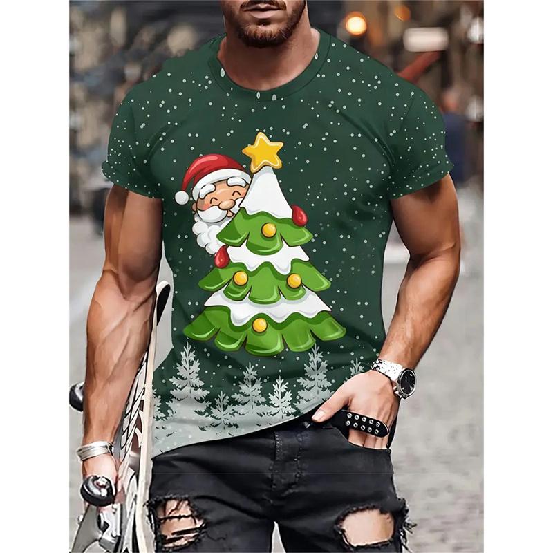 Christmas Tree Pattern Men's T-Shirt Funny Santa 3D Print Summer Casual Short Sleeve Crew Neck Top