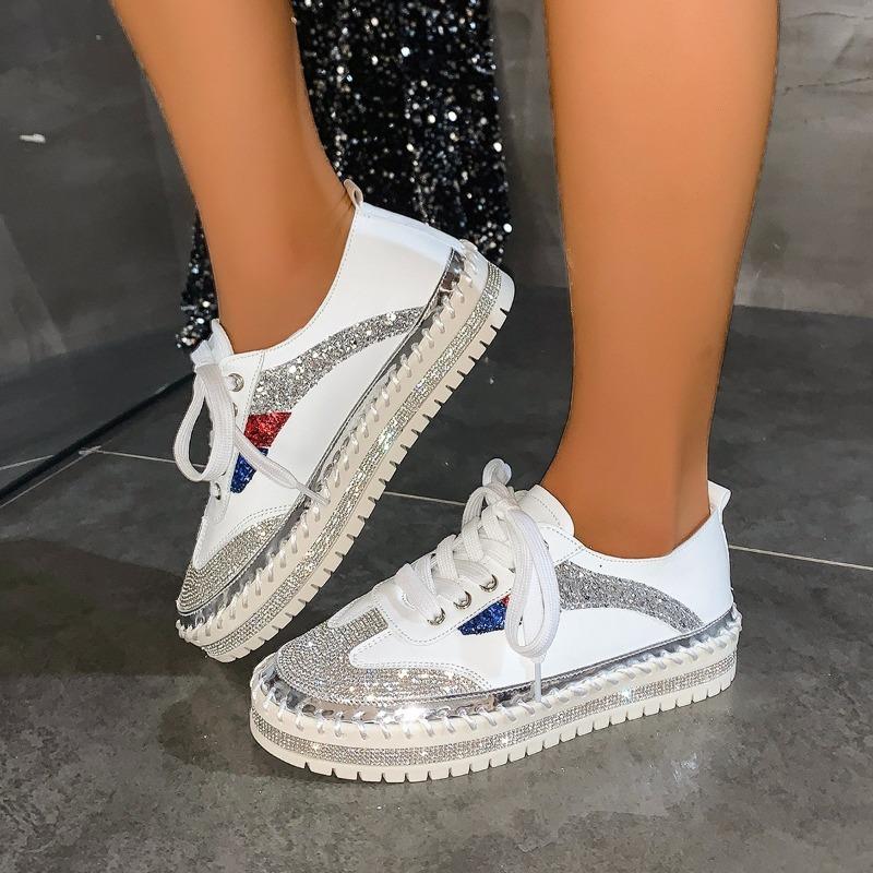 New lace-up flat-soled little white shoes women's spring and autumn rhinestone platform single shoes casual lazy muffin shoes