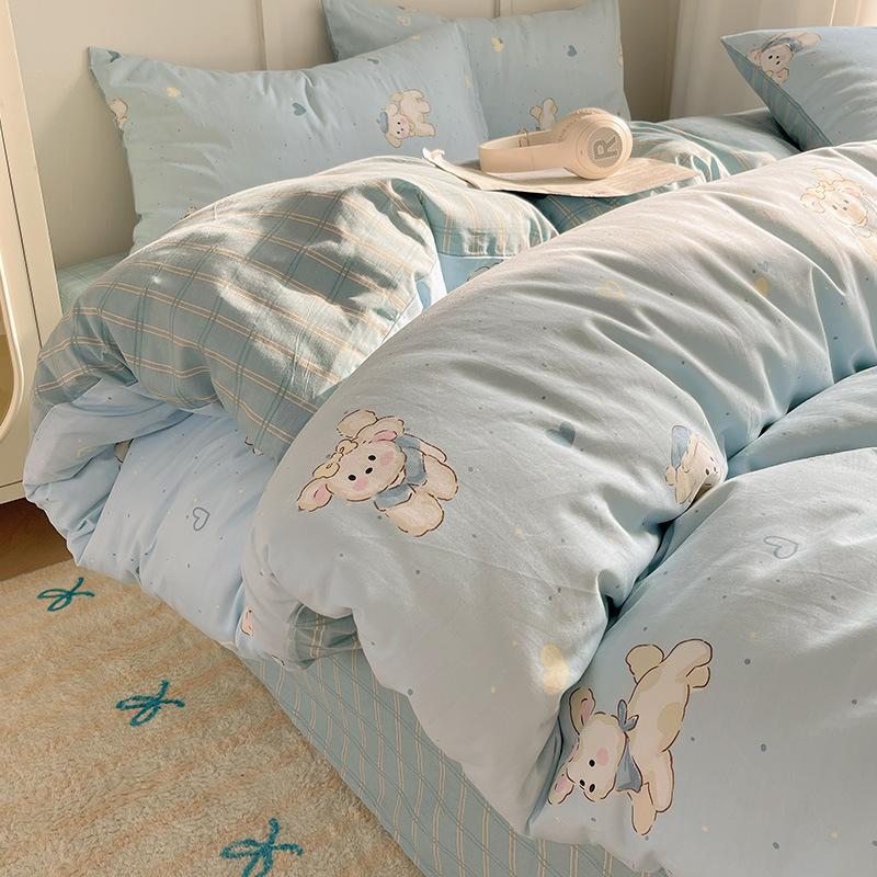 100% Pure Cotton Bed Four-piece Set Skin-friendly Water Wash Bed Sheet Quilt Cover Pillowcase Set