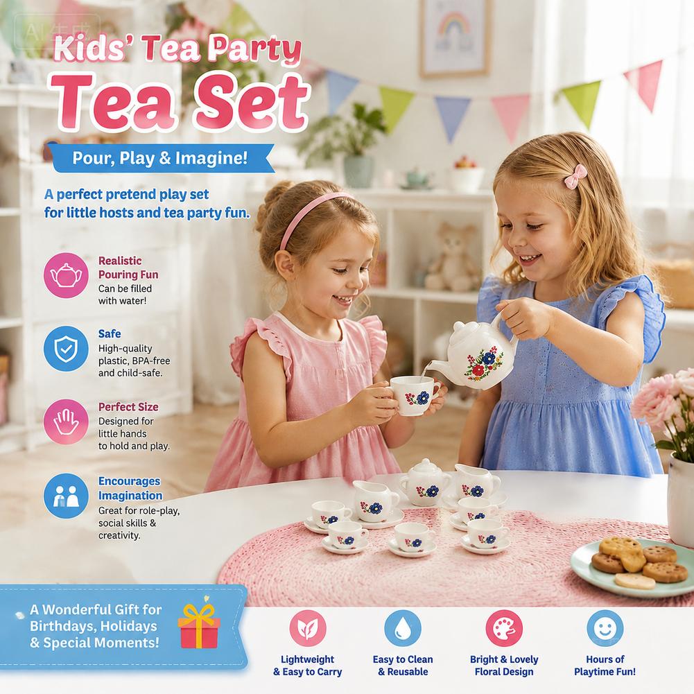 1Set Floral Pretend Play Tea Set Plastic Simulation Teapot Cup Toy Afternoon Tea Role Play Kitchen Toys For Girls Gifts