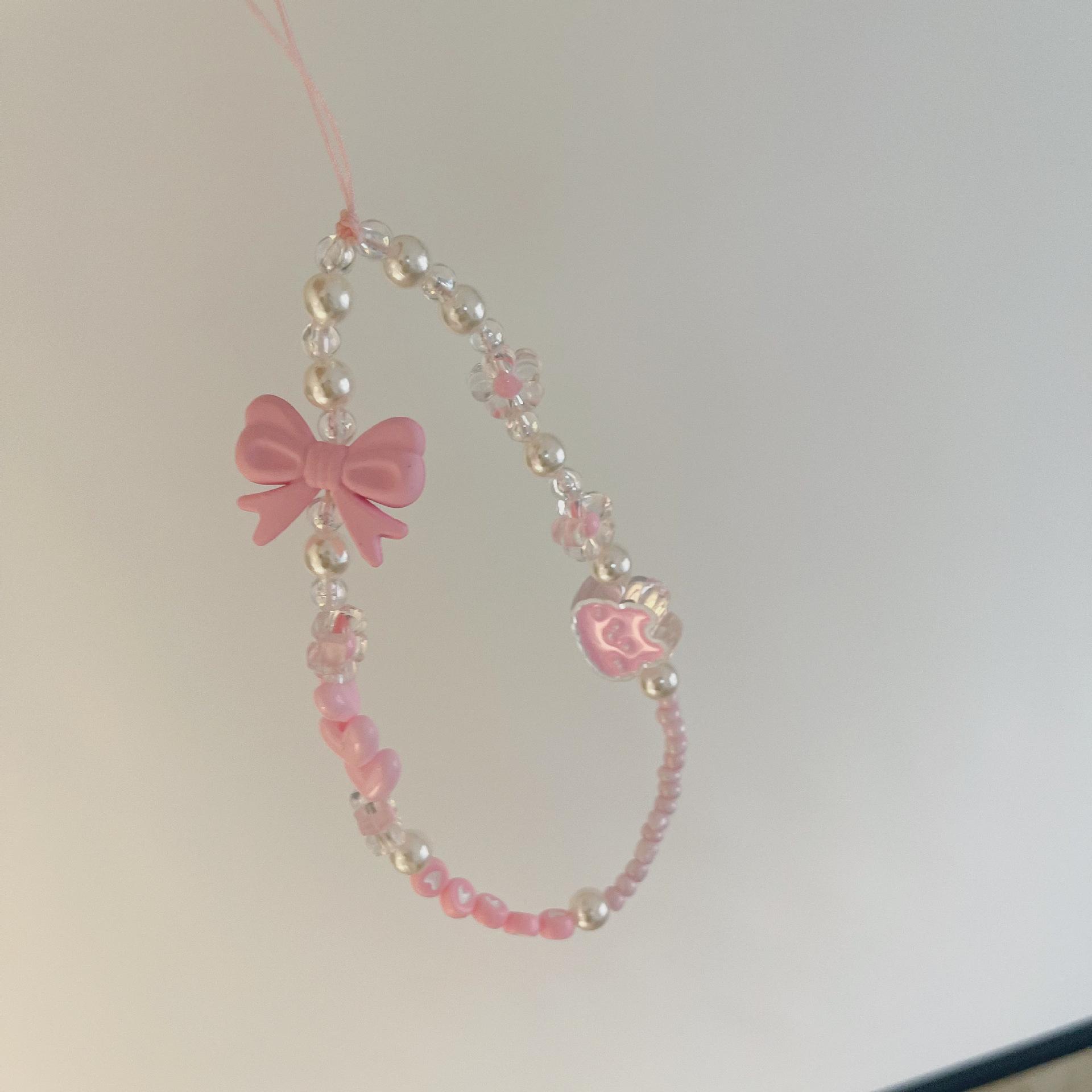 

Простая акриловая цепочка для телефона с розовым медвежьим сердечком, клубничным бантом и цветком, искусственный жемчуг, бисер, для женщин и девочек, милые аксессуары