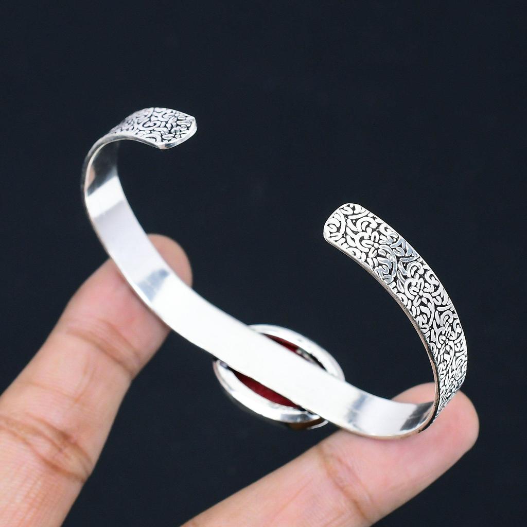 Natural Italian Coral Gemstone Bangle Adjustable 925 Sterling Silver Jewelry