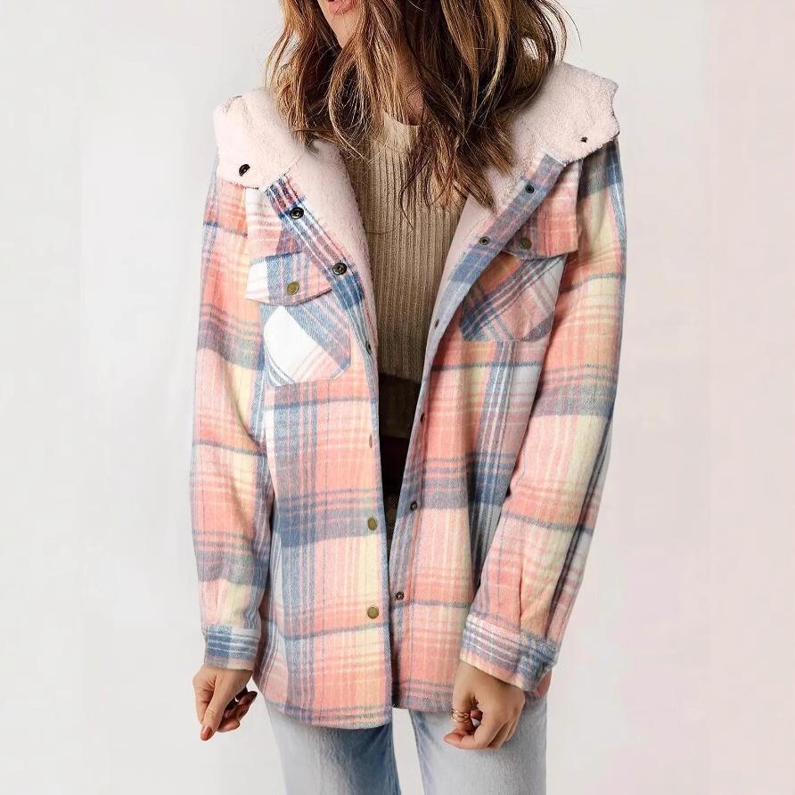 Women's Plaid Fashion Fleece Coats Winter Warm Hooded Fleece Jackets  Casual Outwear Large Size Loose Comfortable Coat