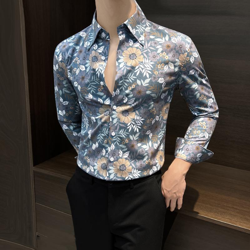 Men's Floral Print Long Sleeve Button Up Shirt Casual Slim Fit Fashion Top for Daily Wear