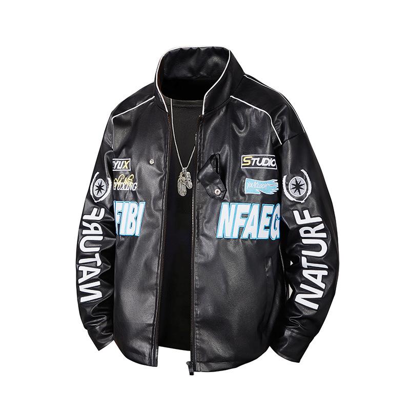 Cross-Border Fashion Loose PU Leather Patchwork Jacket Mens And Sports Casual Flying Suit Motorcycle Outdoor Set