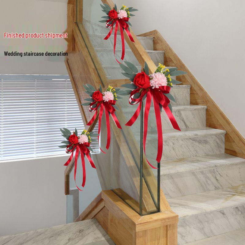 Wedding Staircase Handrail Decoration with Artificial Flowers and Pendants
