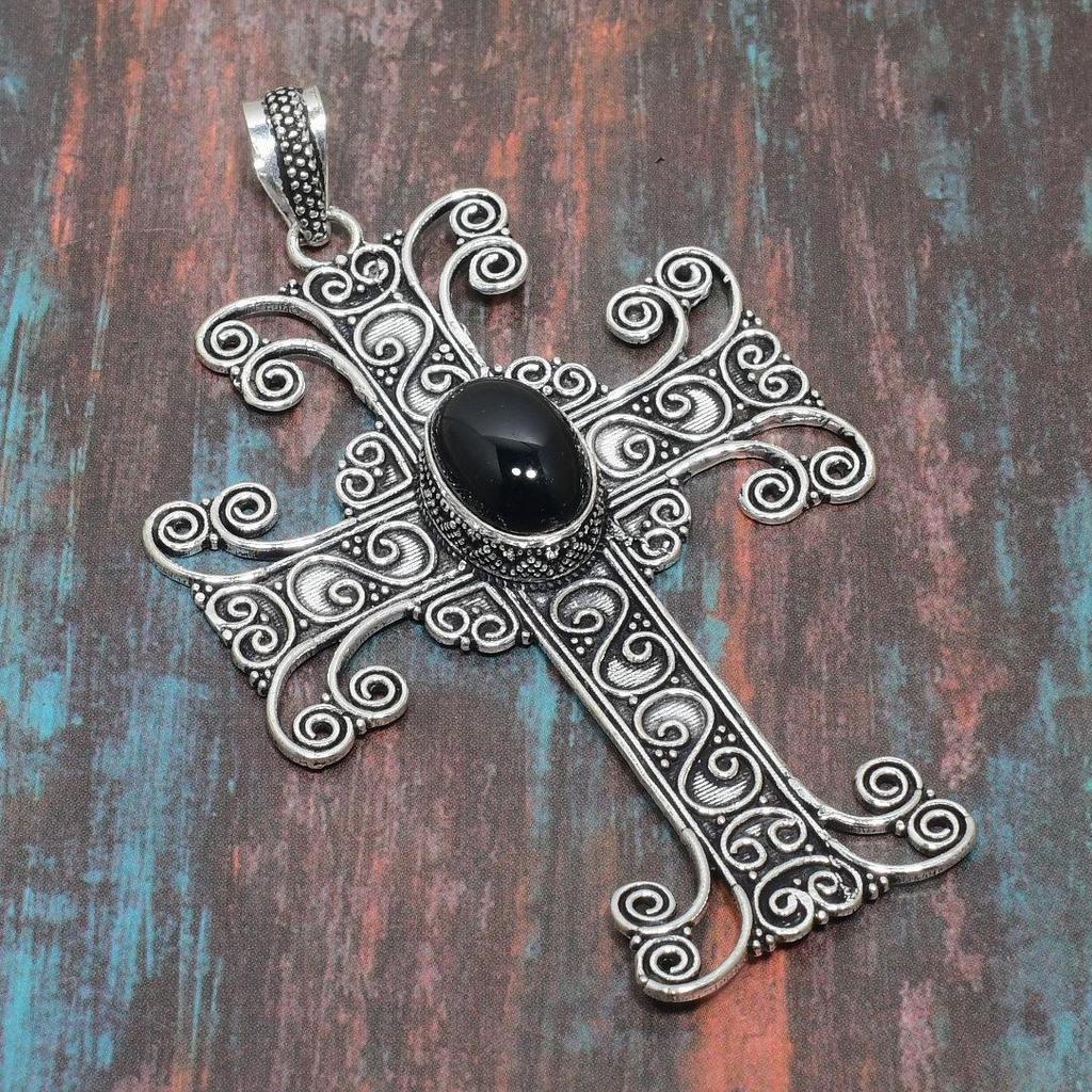 Spectacular Cross Black Onyx Gemstone Handmade 925 Sterling Silver Jewelry Pendant