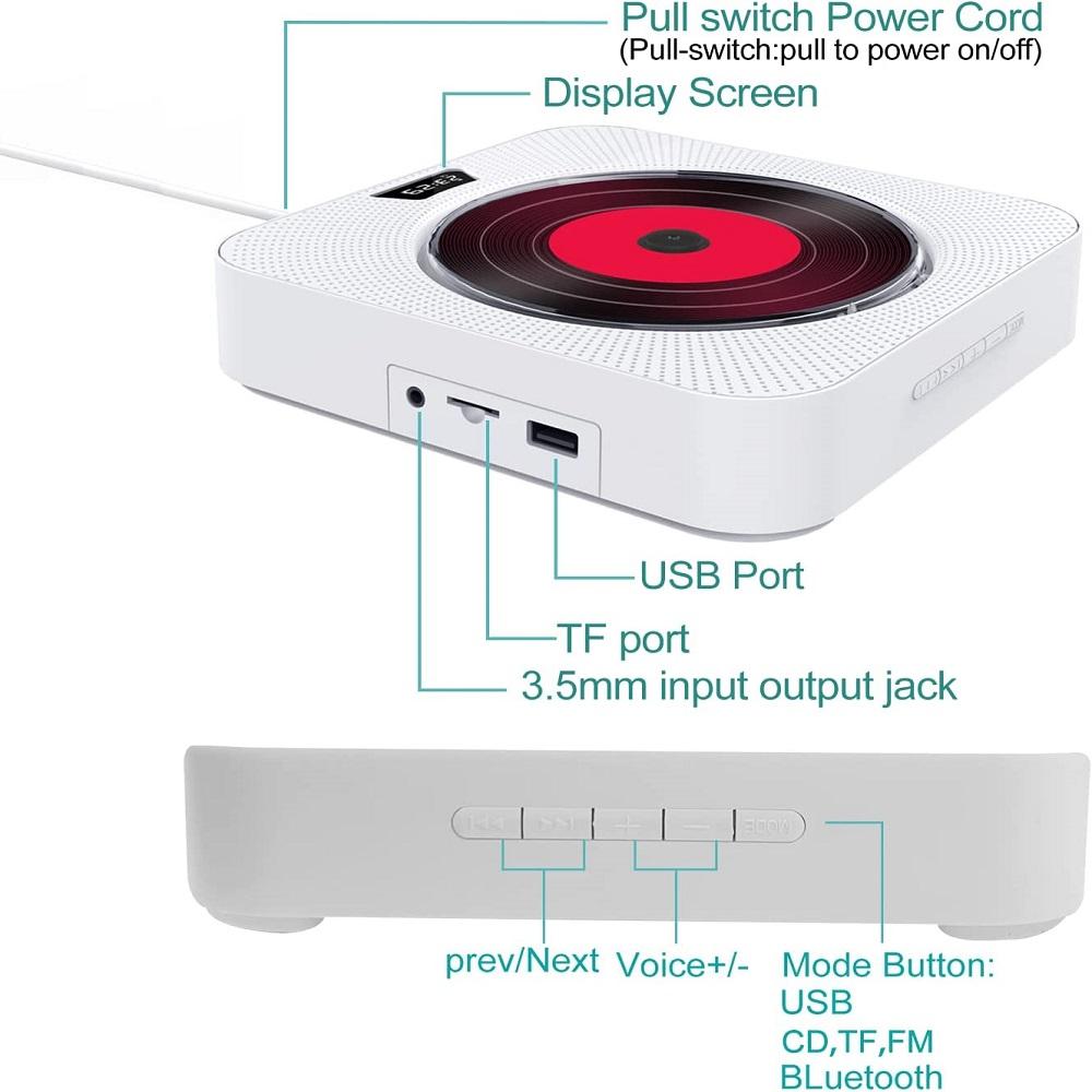 Portable Home Wall-Mounted CD Music Player Bluetooth Speaker FM Remote Control