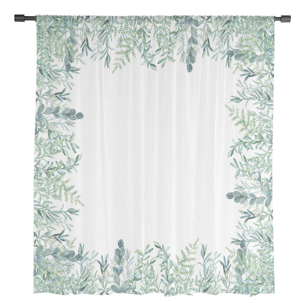 Watercolor Eucalyptus Leaves Abstract Window Curtains Sheer Chiffon Tulle Curtain Home Living Room Backdrop Decoration