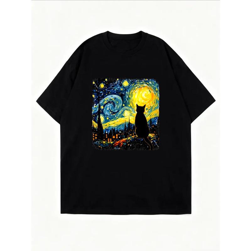 Women Casual T Shirt White Starry Night Cat Art Print For Everyday Wear And Art Lovers