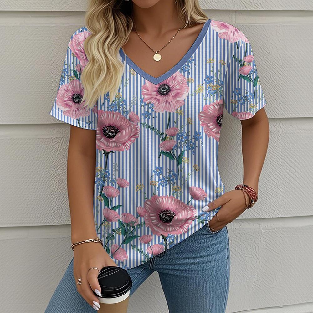 Women's T-Shirt Stripes And Floral Graphics Retro Fashion Classic Casual Short-Sleeved Oversized V-Neck Summer Women's Clothing