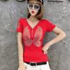 Streetwear Hip Hop Short Sleeve Wing T Shirt Women V Neck Zipper Sexy Diamonds Casual Tees Femme Diamonds Cotton Girl T-shirt Tops