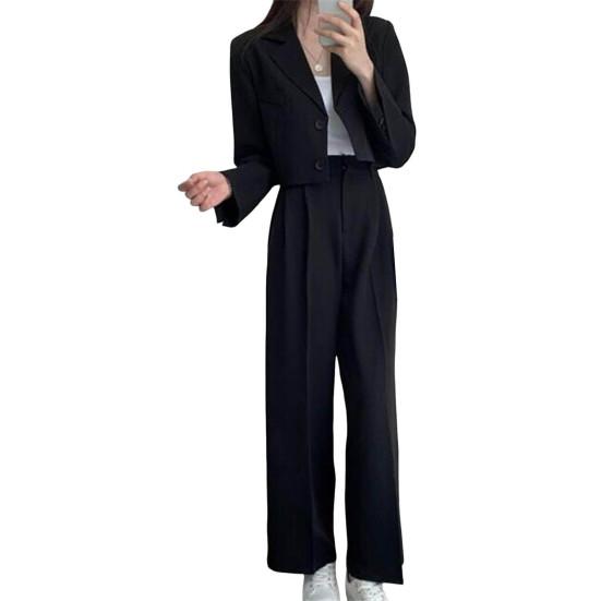 2 ks/sada Dámská sada Klopa Jednořadé sako Široký kardigan Kabát s dlouhým rukávem Kalhoty Noha Vysoký pas