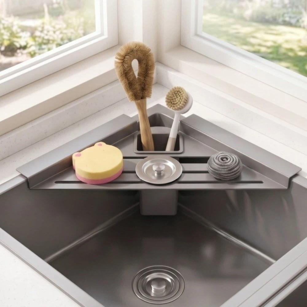 Carbon Steel Sink Corner Rack Hollowed Large Capacity Sink Drain Shelf Quick Water Drainage with Drain Cup Sink Sponge Holder