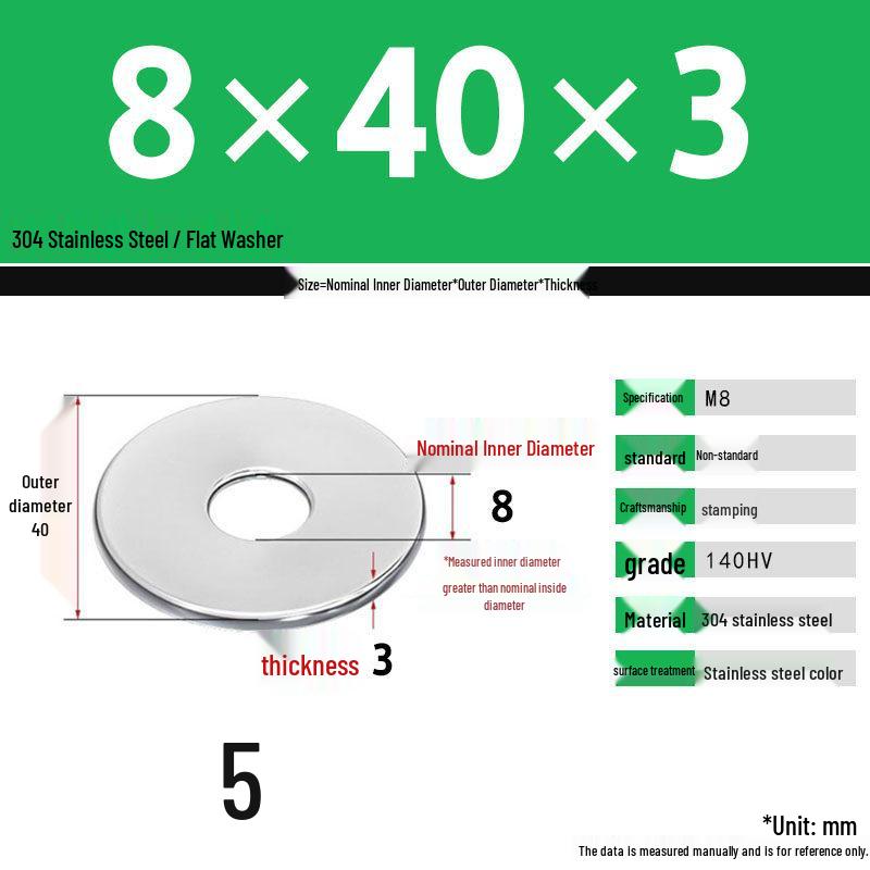 304 Stainless Steel Thickened Flat Washer Set, Sizes 2-36